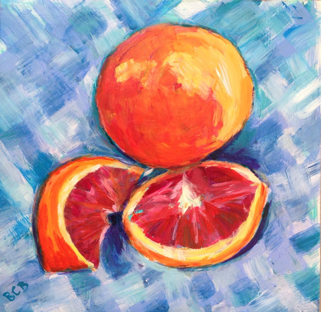 Blood Orange Still Life, on checkered cloth, 6 x 6 By Beth Carrington Brown