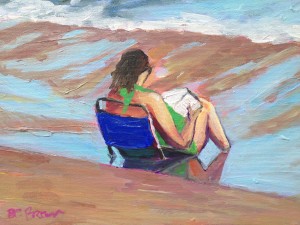 beach art, beach reading. ocean, seashore, summer, ocean art, beach house art, woman reading at beach